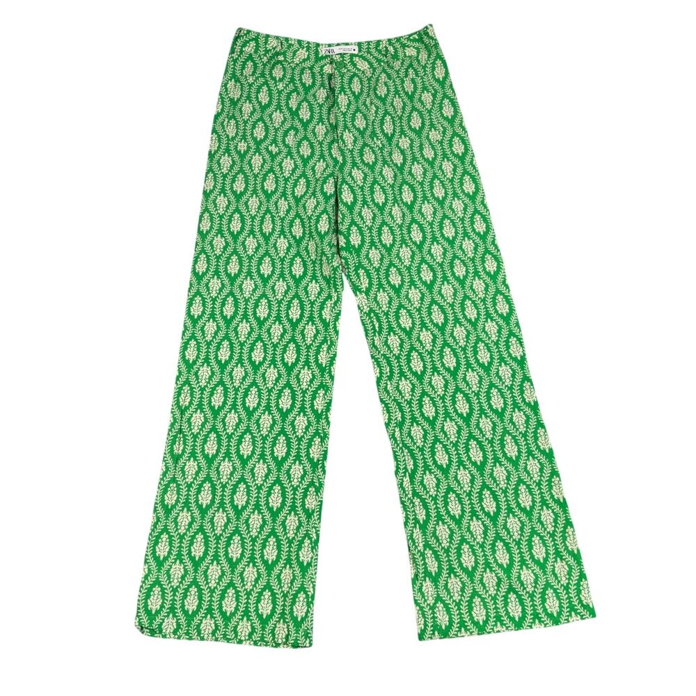 Zara Green White Leaf Floral Print Wide Leg Pants Trousers High Rise Size M 28